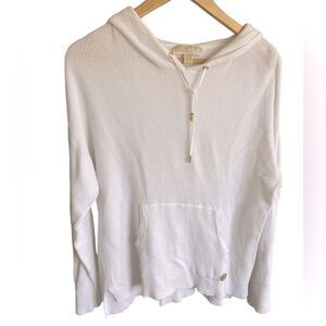 Michael Kors Women’s White Waffle Knit Sweater Minimalist drawstring Hoodie, L